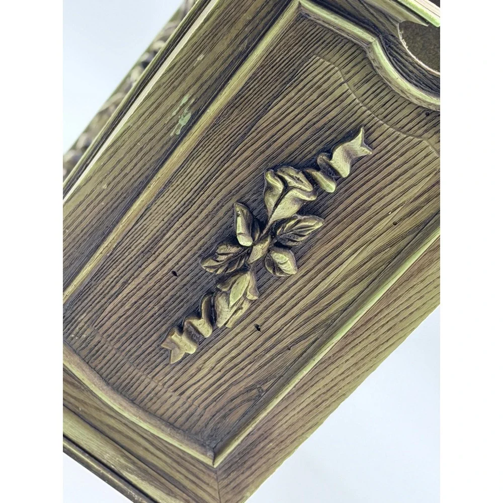 Vintage French Provincial Faux Wood Rose Floral Green MCM Trash Basket  Planter